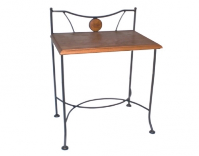 End table made of wrought iron with wooden table plate.