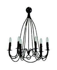 Rustic high iron chandelier with six arms.