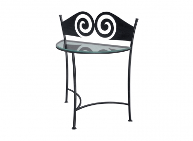 End table made of iron with laser cut spiral motive.
